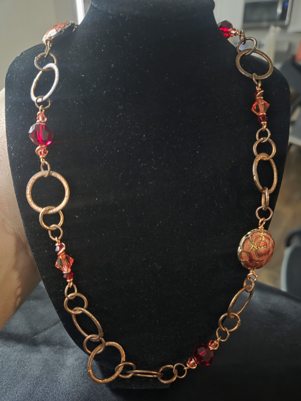 Artisan Hammered Copper Tone Enamel Rose 40” Long Statement Necklace Boho